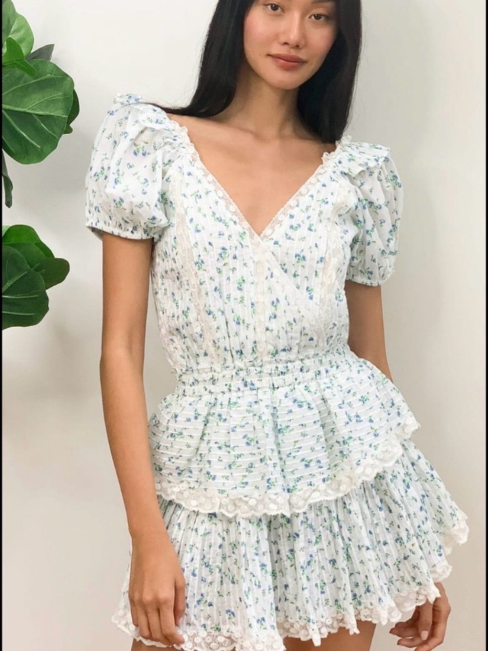 LoveShackFancy Cream Mini Dress with Blue Floral Print